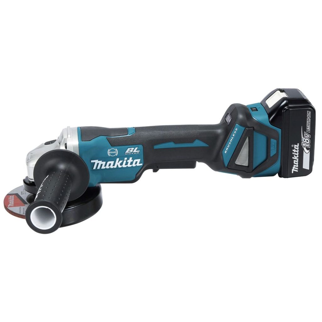 MAKITA Kulmahiomakone LXT. Kuvassa Kulmahiomakone LXT vasemmalta sivustapäin.
