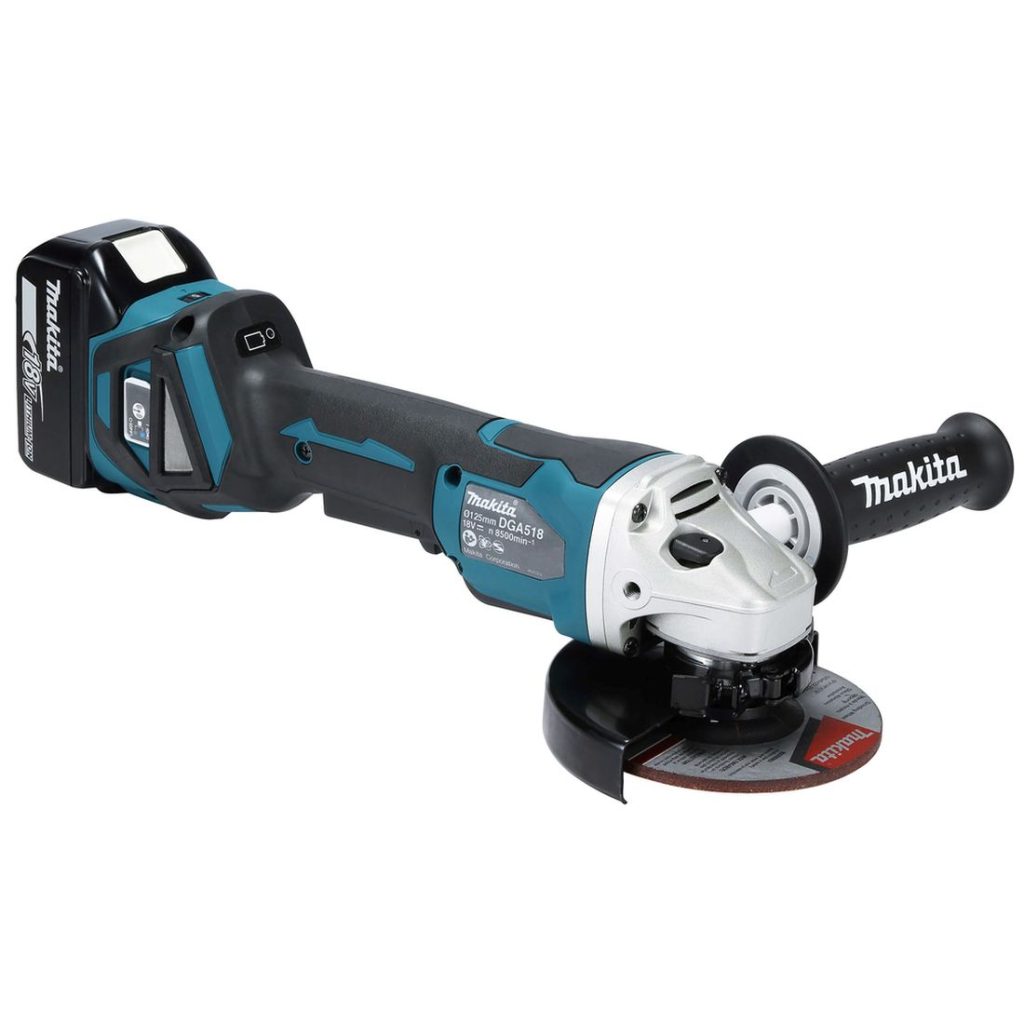 MAKITA Kulmahiomakone LXT. Kuvassa Kulmahiomakone LXT vasemmalta etuyläviistosta.