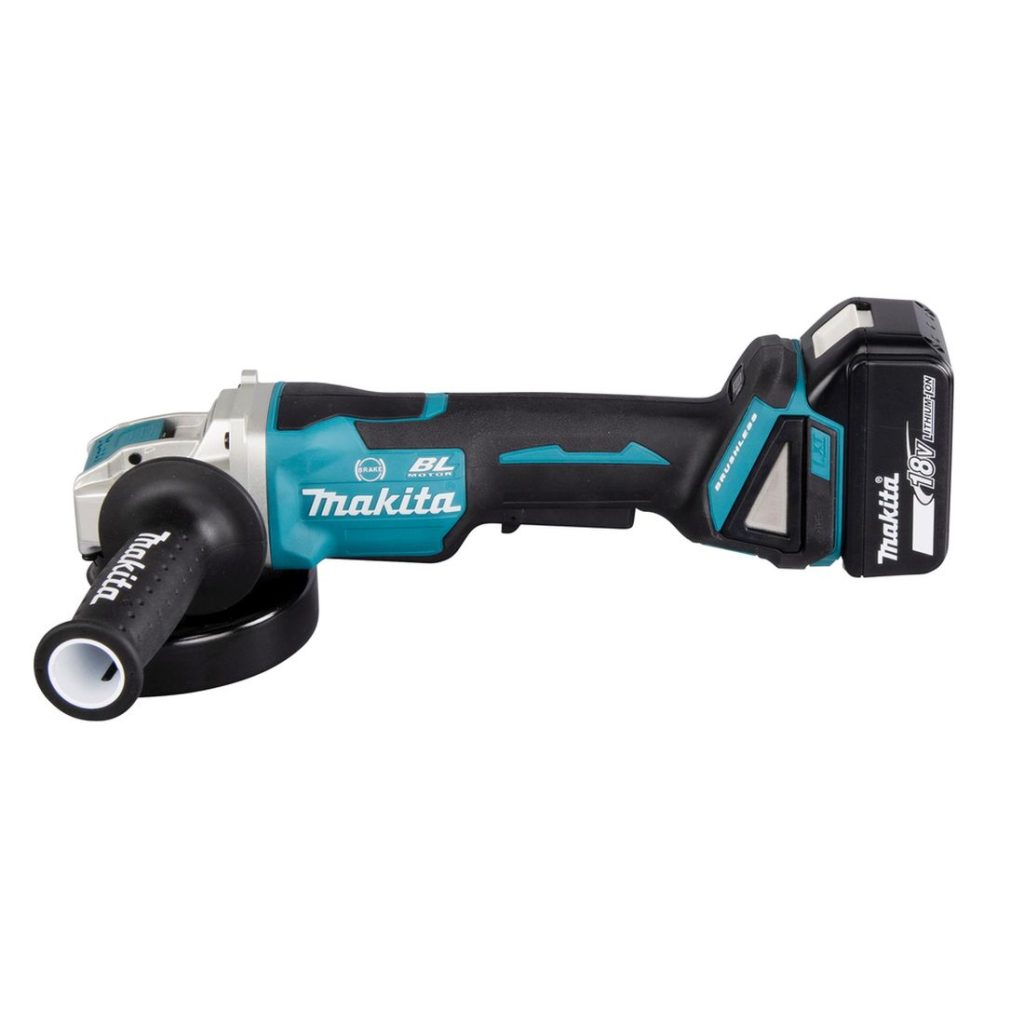 MAKITA Kulmahiomakone LXT. Kuvassa Kulmahiomakone LXT vasemmalta sivustapäin.