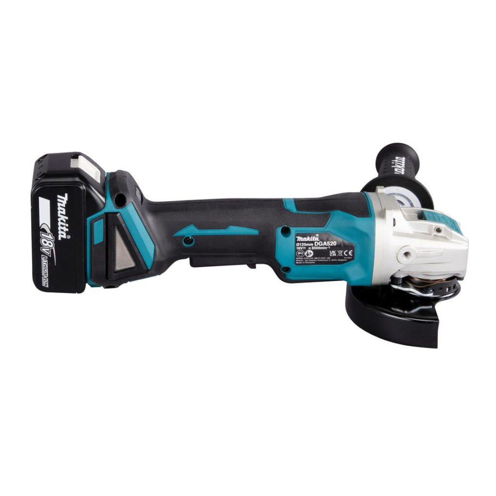 MAKITA Kulmahiomakone LXT. Kuvassa Kulmahiomakone LXT oikealta sivustapäin.