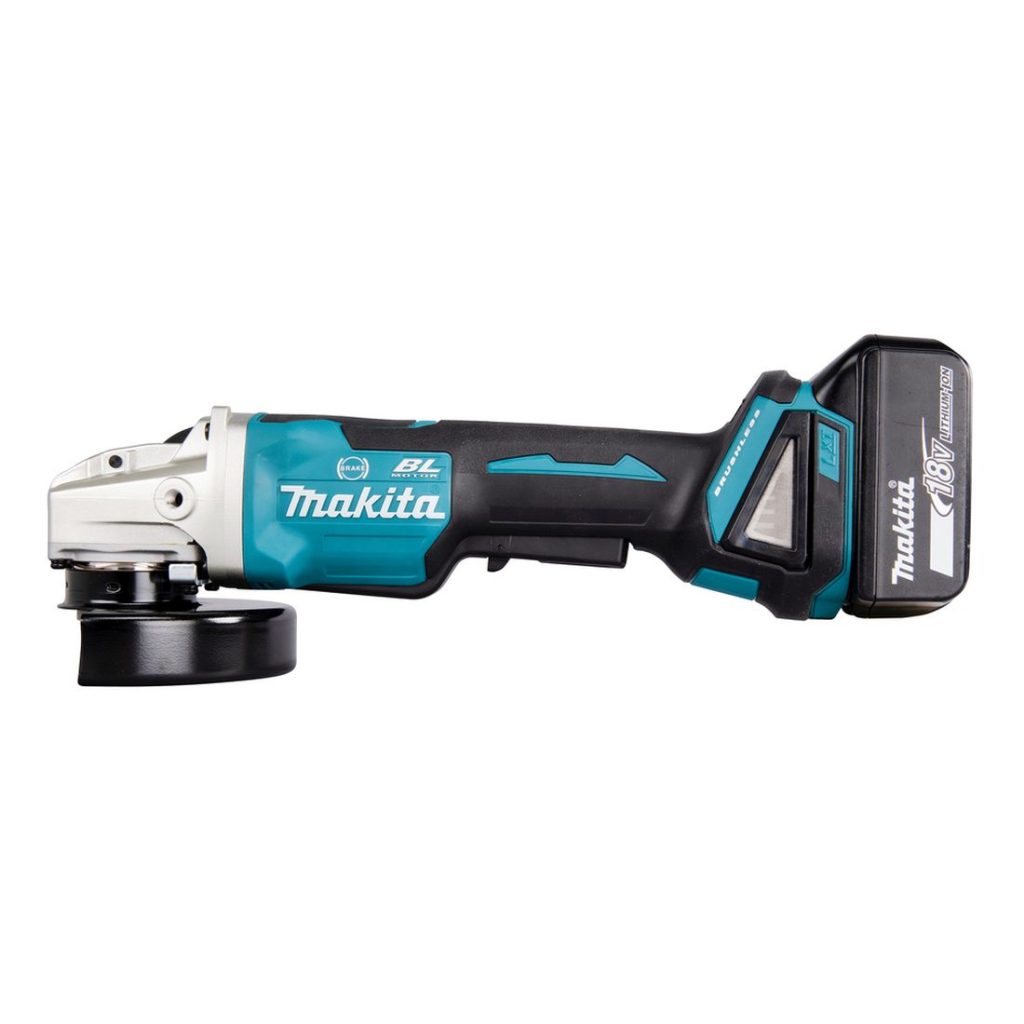 MAKITA Kulmahiomakone LXT. Kuvassa Kulmahiomakone LXT vasemmalta sivustapäin.