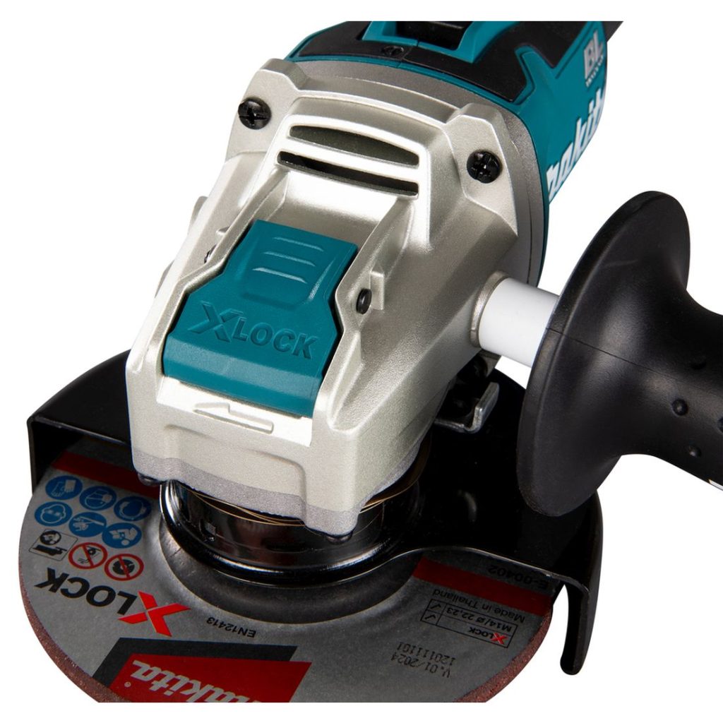 MAKITA Kulmahiomakone LXT. Kuvassa Kulmahiomakone LXT:n X-LOCK -lukitus oikealta etuyläviistosta.