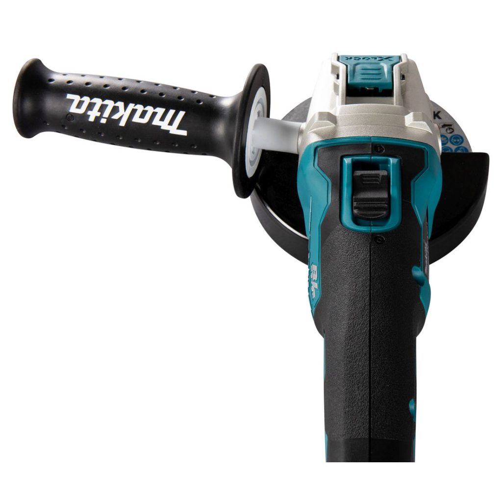 MAKITA Kulmahiomakone LXT. Lähikuvassa kulmahiomakone LXT:n käyttökytkin.