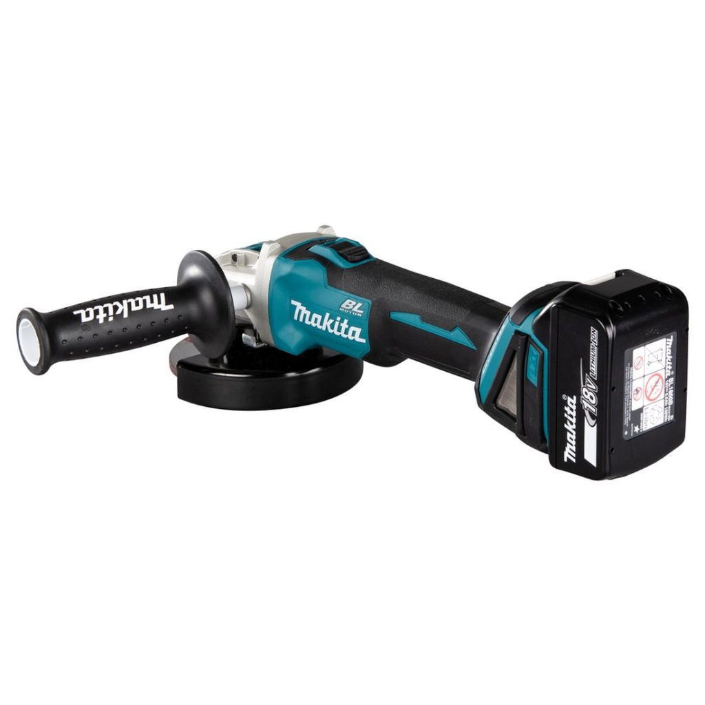 MAKITA Kulmahiomakone LXT. Kuvassa Kulmahiomakone LXT vasemmalta takayläviistosta.