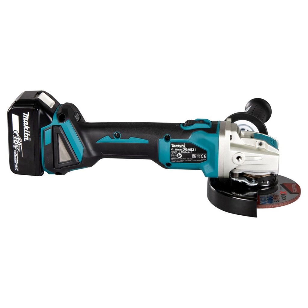 MAKITA Kulmahiomakone LXT. Kuvassa Kulmahiomakone LXT oikealta sivustapäin.