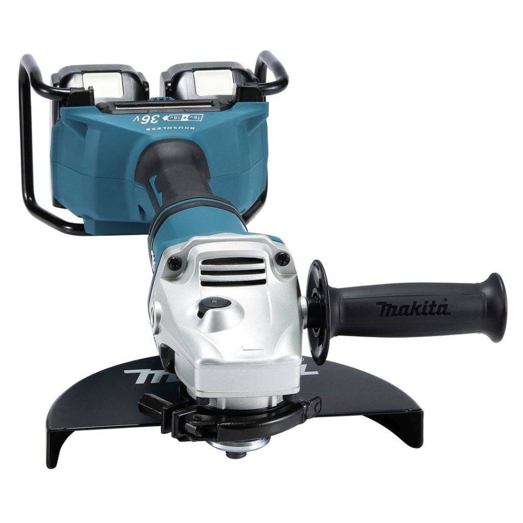 MAKITA Kulmahiomakone LXT. Kuvassa Kulmahiomakone LXT edestäpäin yläviistosta.
