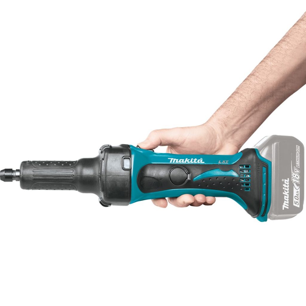 MAKITA Suorahiomakone LXT. Kuvassa henkilö pitämässä Suorahiomakone LXT:tä kädessään suorahiomakoneen kädensijasta.