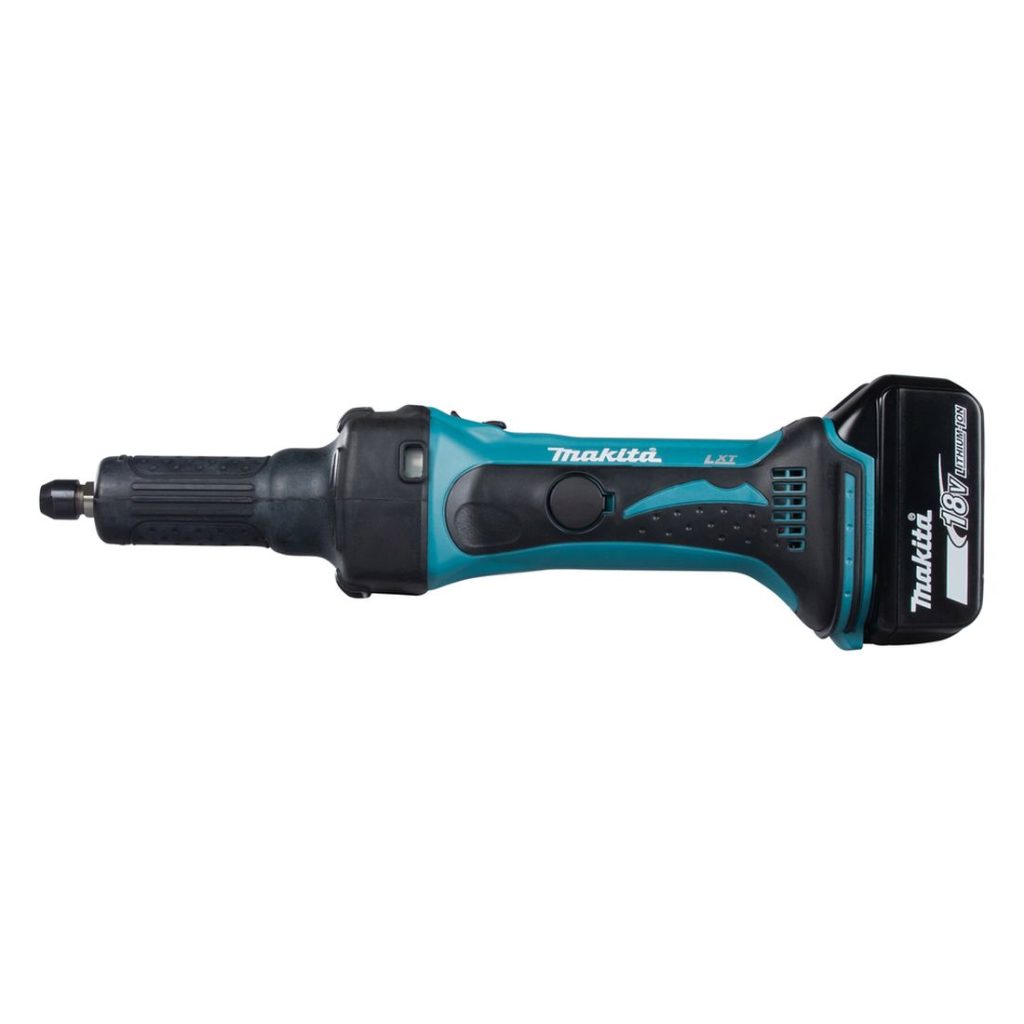 MAKITA Suorahiomakone LXT. Kuvassa Suorahiomakone LXT vasemmalta sivustapäin.