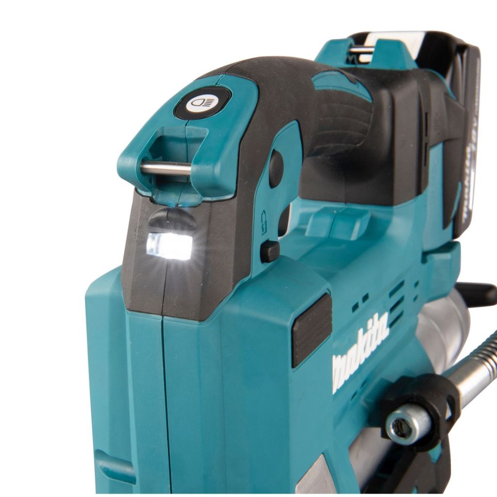 MAKITA Rasvapuristin LXT. Lähikuvassa Rasvapuristin LXT:n LED-valo.