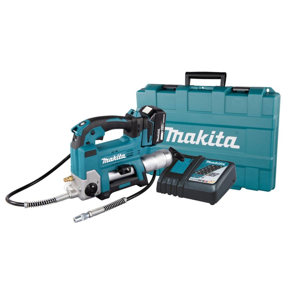 MAKITA Rasvapuristin LXT. Kuvassa Rasvapuristin LXT, salkku ja latauslaite.