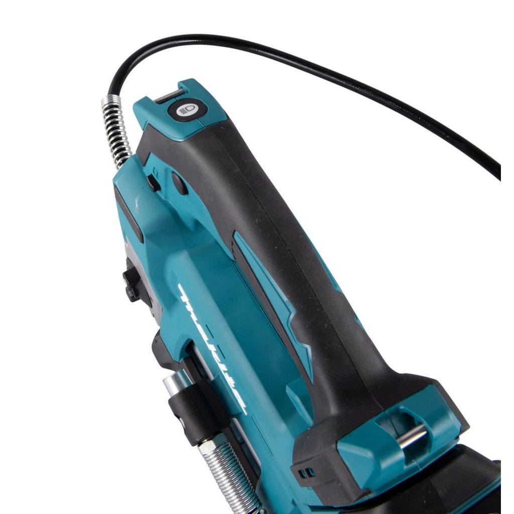 MAKITA Rasvapuristin LXT. Lähikuvassa Rasvapuristin LXT:n LED-valon kytkin.
