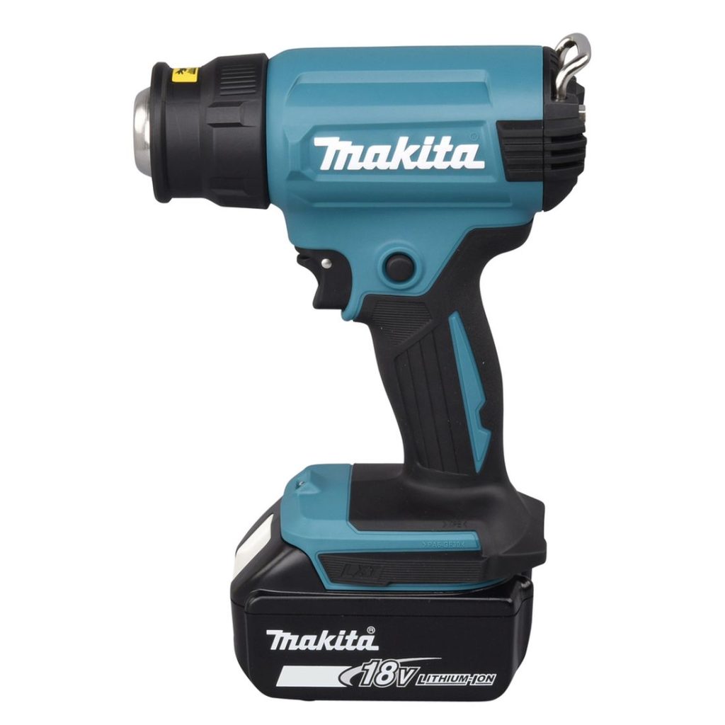 MAKITA Kuumailmapuhallin LXT. Kuvassa Kuumailmapuhallin LXT vasemmalta sivustapäin.