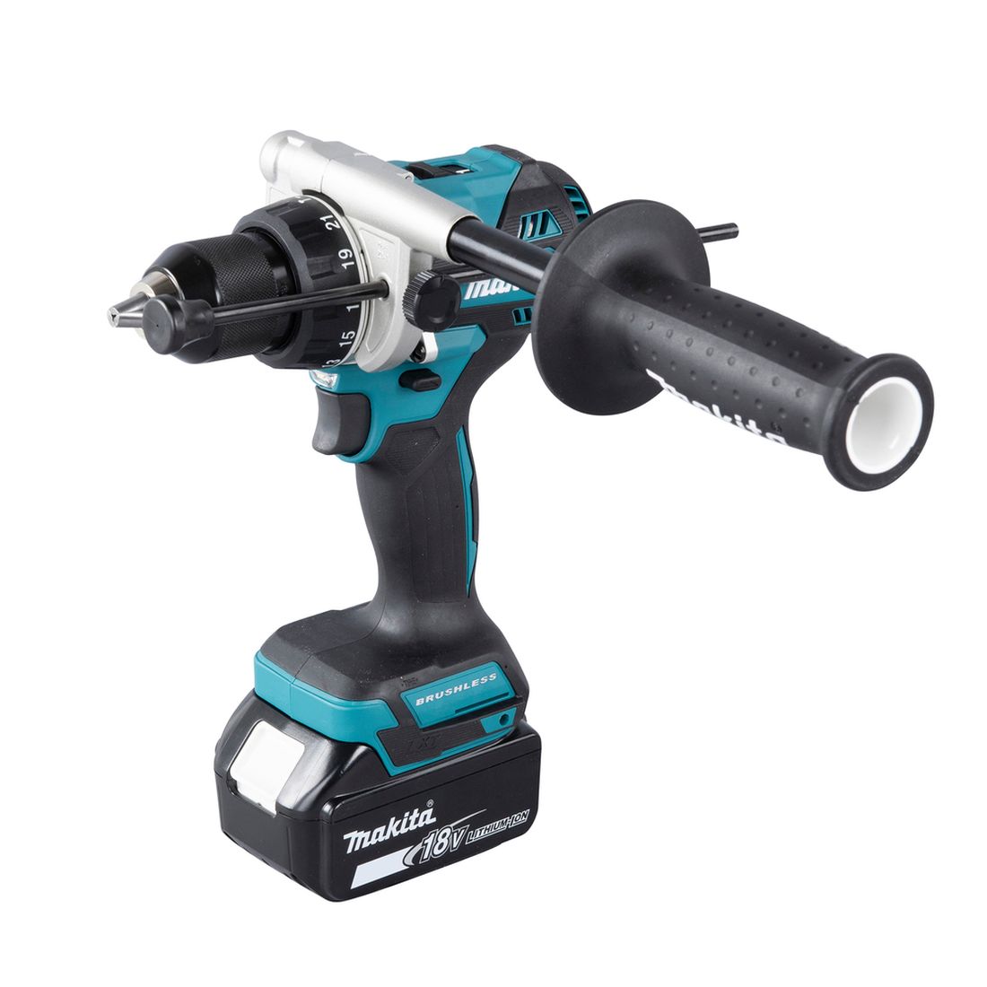 MAKITA Iskuporakone LXT. Kuvassa Iskuporakone LXT oikealta etuyläviistosta.