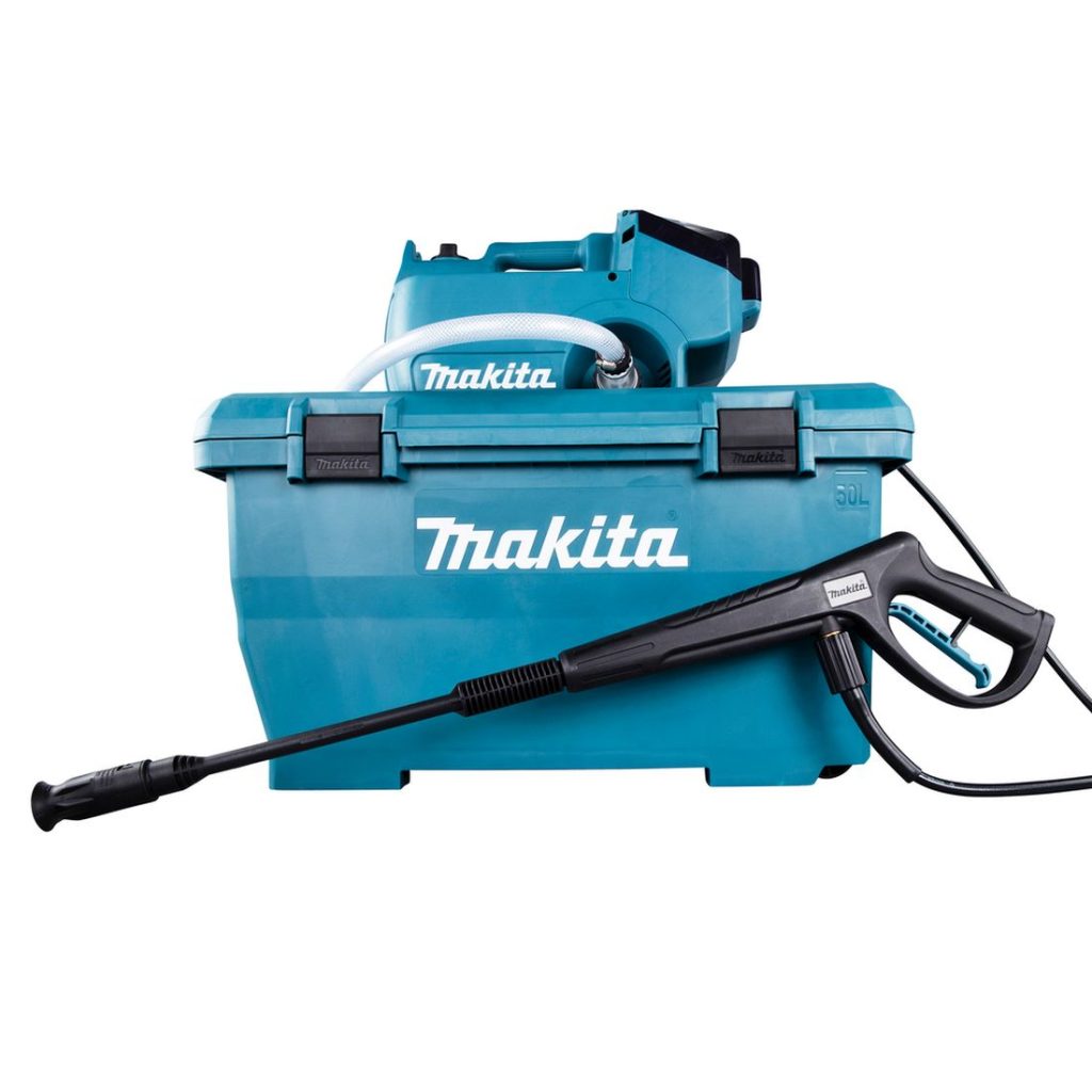 MAKITA Painepesuri LXT. Kuvassa Painepesuri LXT ja vesisäiliö oikealta sivustapäin.