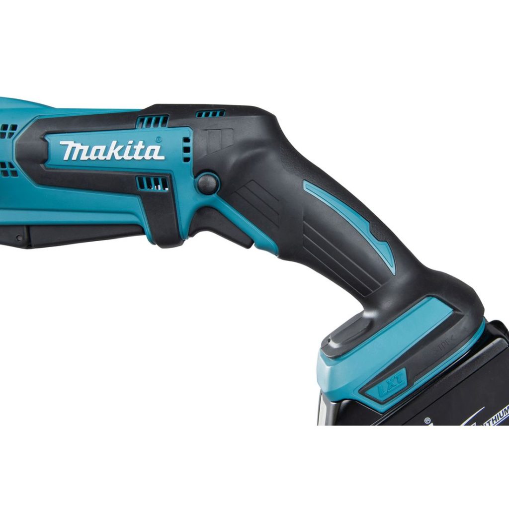MAKITA Puukkosaha LXT. Lähikuvassa Puukkosaha LXT:n kädensija.