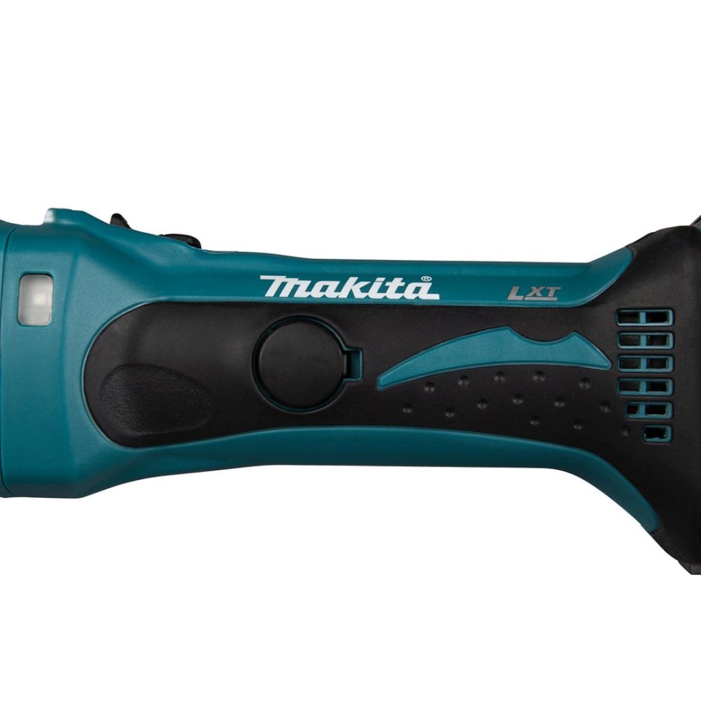 MAKITA Levyleikkuri LXT. Lähikuvassa Levyleikkuri LXT:n kädensija.