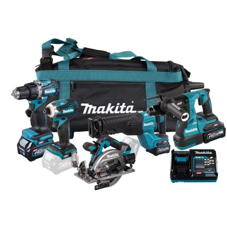 MAKITA Konesarja XGT. Kuvassa Konesarja XGT edestäpäin. Kuvassa porakone DF002G, iskevän ruuvinväännin TD001G, puukkosaha JR001G, pyörösaha HS012G, poravasara HR003G, kaksi 4,0Ah akku, yksi 2,5Ah akku, pikalatauslaite DC40RA ja työkalukassi pyörillä koneiden säilytystä ja kuljetusta varten.