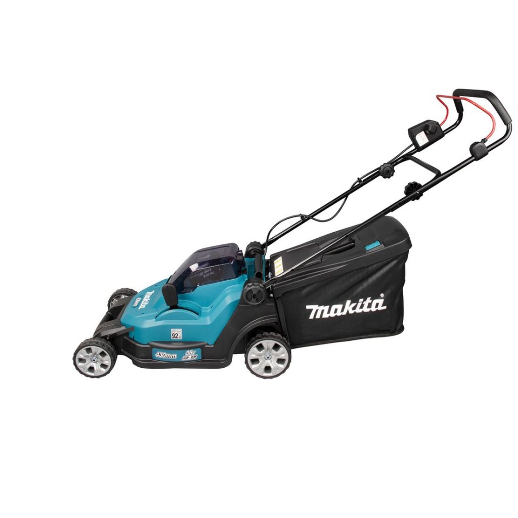 MAKITA Ruohonleikkuri LXT. Kuvassa Ruohonleikkuri LXT vasemmalta sivustapäin yläviistosta.
