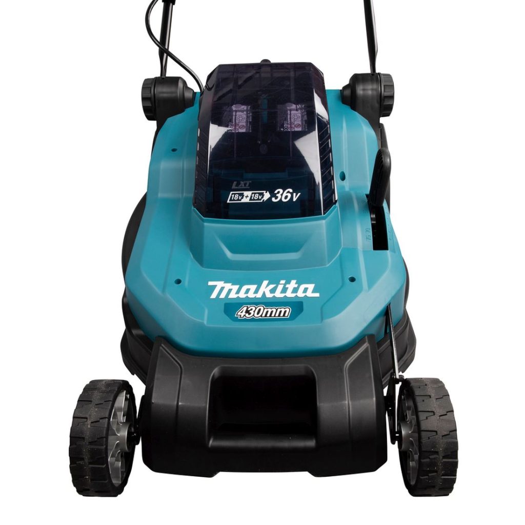 MAKITA Ruohonleikkuri LXT. Lähikuvassa Ruohonleikkuri LXT edestäpäin yläviistosta.