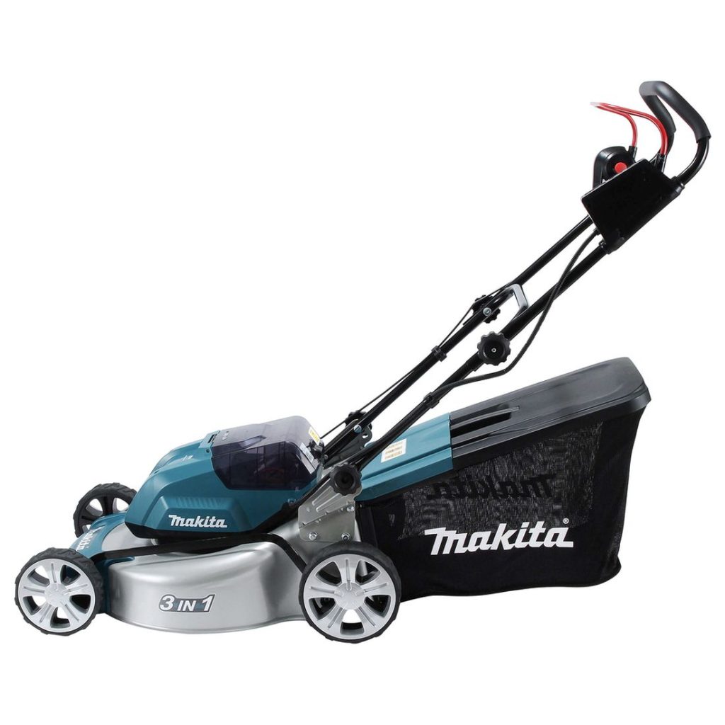 MAKITA Ruohonleikkuri LXT. Kuvassa Ruohonleikkuri LXT vasemmalta sivustapäin yläviistosta.