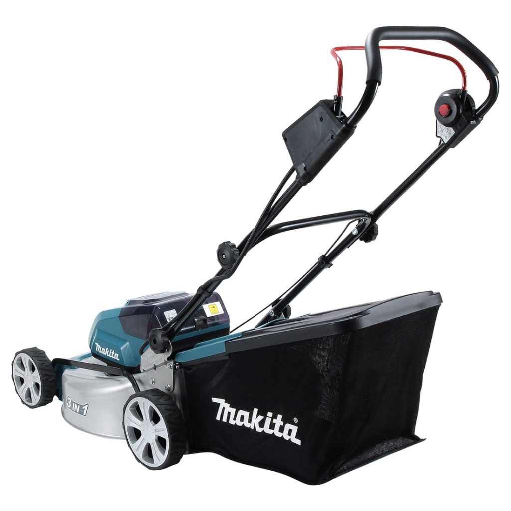 MAKITA Ruohonleikkuri LXT. Kuvassa Ruohonleikkuri LXT vasemmalta takaviistosta.