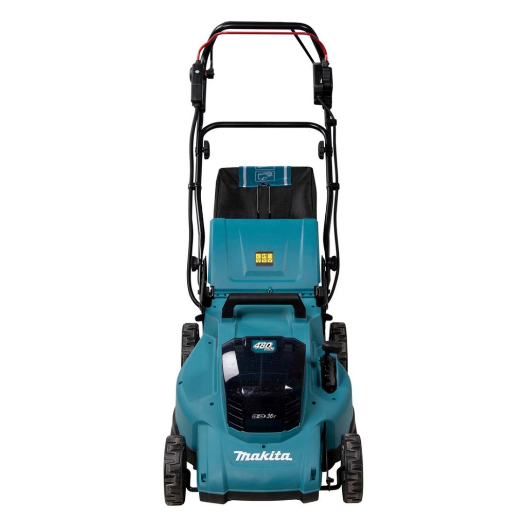 MAKITA Ruohonleikkuri LXT. Kuvassa Ruohonleikkuri LXT edestäpäin yläviistosta.