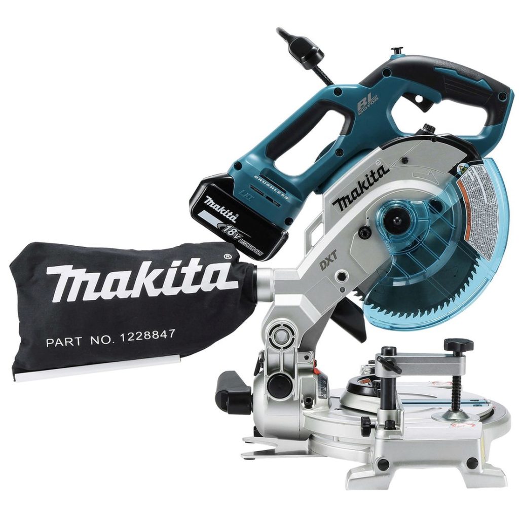 MAKITA Katkaisu- ja jiirisaha LXT. Kuvassa Katkaisu- ja jiirisaha LXT vasemmalta sivustapäin.