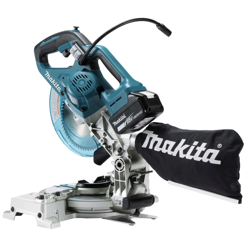 MAKITA Katkaisu- ja jiirisaha LXT. Kuvassa Katkaisu- ja jiirisaha LXT vasemmalta takayläviistosta.