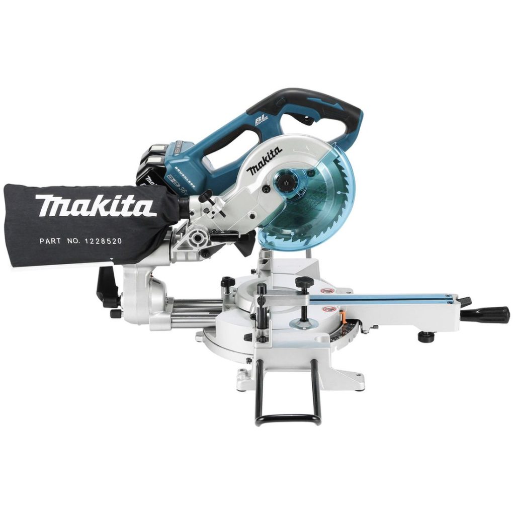 MAKITA Katkaisu- ja jiirisaha LXT. Kuvassa Katkaisu- ja jiirisaha LXT vasemmalta sivustapäin.