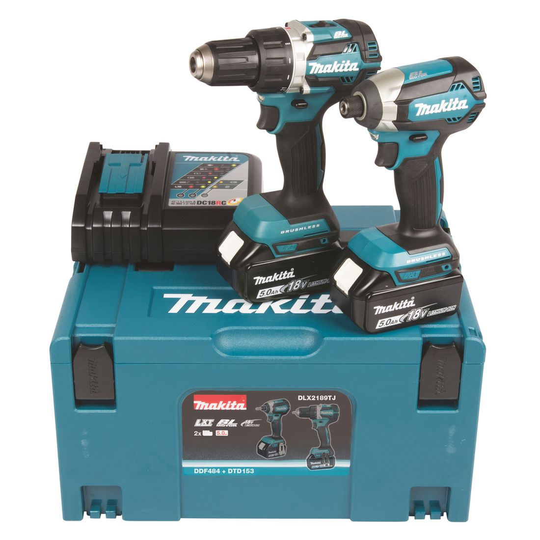 MAKITA Konesarja LXT. Kuvassa Konesarja LXT edestäpäin yläviistosta. Kuvassa Makpac -laukun päällä porakone, iskevä ruuvinväännin kaksi akkua, pikalatauslaite.