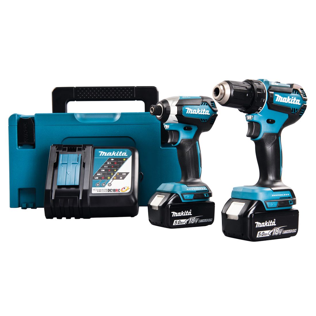 MAKITA Konesarja LXT. Kuvassa Konesarja LXT oikealta etuviistosta. Kuvassa Makpac-salkku, porakone, iskevä ruuvinväännin, kaksi akkua ja pikalatauslaite.