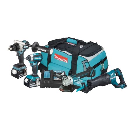 MAKITA Konesarja LXT. Kuvassa Konesarja LXT oikealta etuyläviistosta. Kuvassa pehmeä Makita kassi, kulmahiomakone, porakone, iskevä ruuvinväännin, puukkosaha, kaksi akkua ja pikalatauslaite.