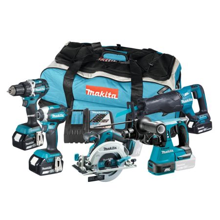 MAKITA Konesarja LXT. Kuvassa Konesarja LXT oikealta etuyläviistosta. Kuvassa työkalukassi, porakone, iskevä ruuvinväännin, pyörösaha, puukkosaha, poravasara, kolme akkua ja pikalatauslaite.