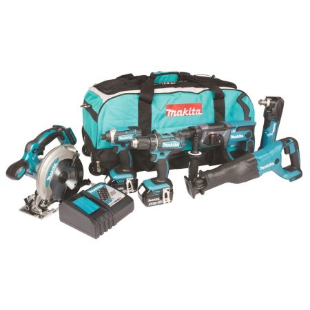 MAKITA Konesarja LXT. Kuvassa Konesarja LXT vasemmalta etuyläviistosta. Kuvassa työkalukassi, porakone, poravasara, iskevä ruuvinväännin, pyörösaha, monitoimikone, kolme akkua ja pikalatauslaite.