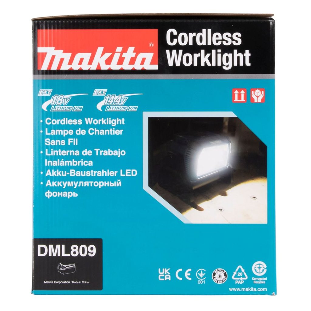 MAKITA LED-valaisin LXT. Kuvassa tuotteen myyntipakkaus sivustapäin.