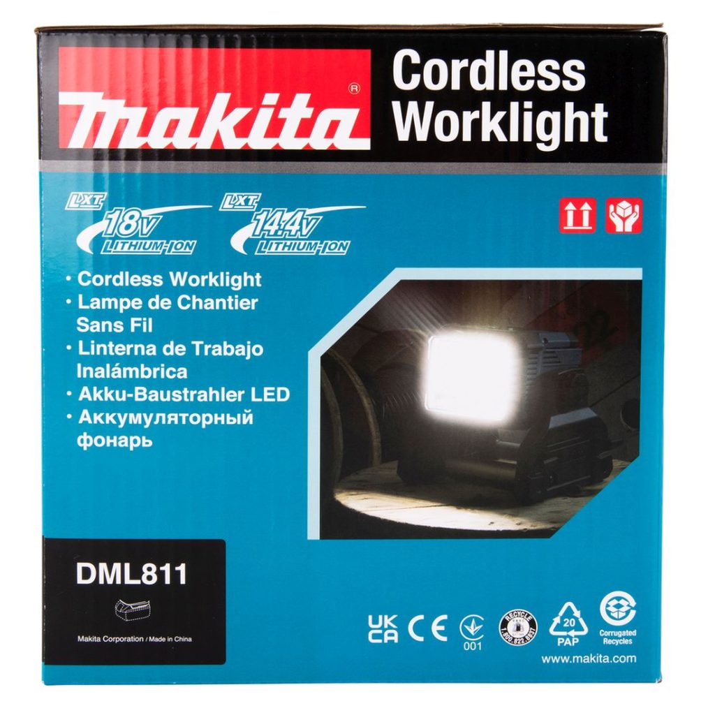 MAKITA LED-valaisin LXT. Kuvassa tuotteen myyntipakkaus sivustapäin.