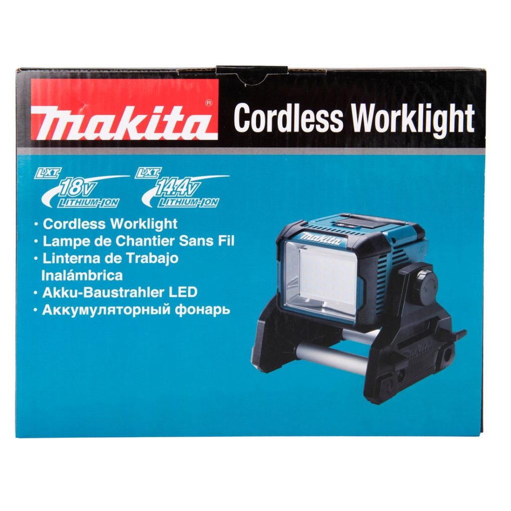MAKITA LED-valaisin LXT. Kuvassa tuotteen myyntipakkaus ylhäältäpäin.