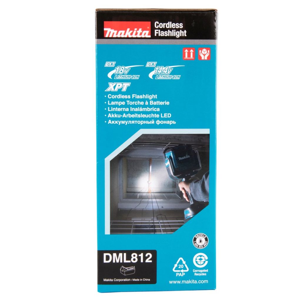 MAKITA LED-valaisin LXT. Kuvassa tuotteen myyntipakkaus sivustapäin.