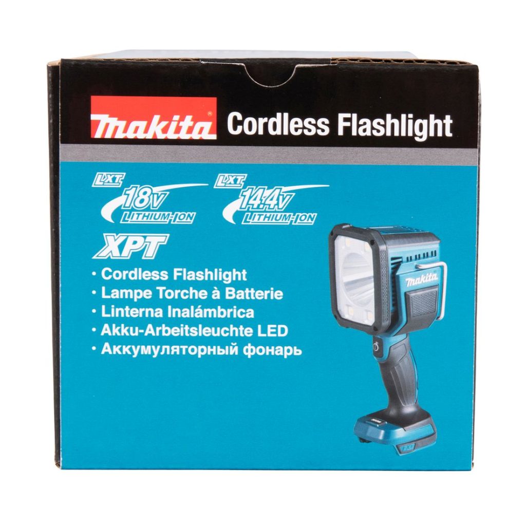 MAKITA LED-valaisin LXT. Kuvassa tuotteen myyntipakkaus ylhäältäpäin.