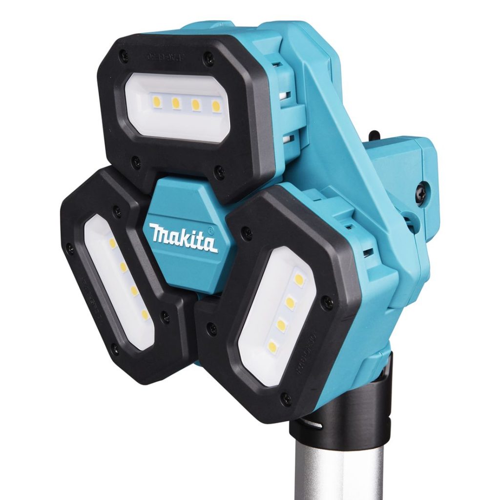 MAKITA Tornivalaisin LXT. Lähikuvassa Tornivalaisin LXT:n säädettävät valaisinpäät säädettyinä eteenpäin.