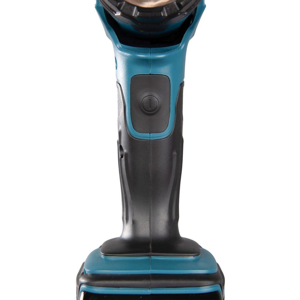 MAKITA LED-valaisin LXT. Lähikuvassa LED-valaisin LXT:n kumipintainen kädensija edestäpäin.