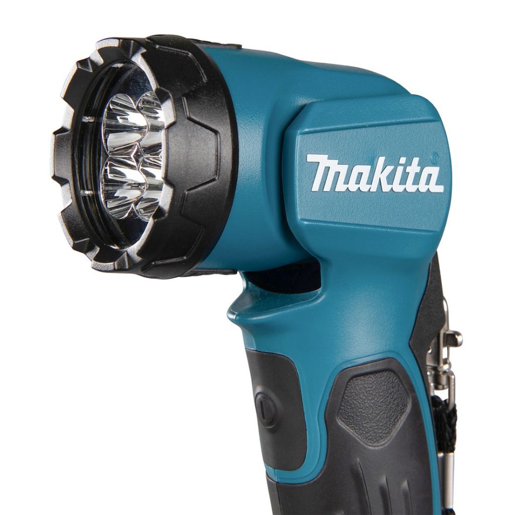 MAKITA LED-valaisin LXT. Lähikuvassa LED-valaisin LXT:n säädettävä valaisimen pää oikealta etuviistosta.