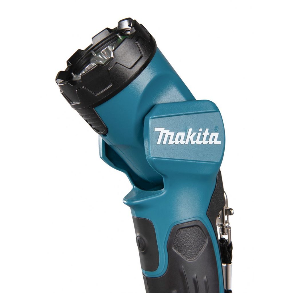 MAKITA LED-valaisin LXT. Lähikuvassa LED-valaisin LXT:n säädettävä valaisimen pää säädettynä yläviistoon.