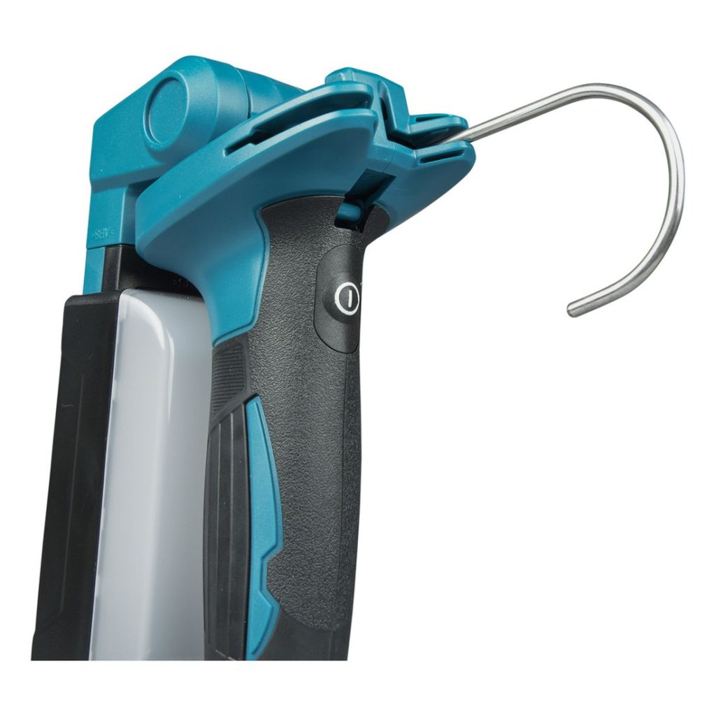 MAKITA LED-valaisin LXT. Lähikuvassa LED-valaisin LXT:n ripustuskoukku.