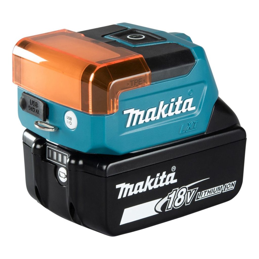 MAKITA LED-valaisin LXT. Kuvassa LED-valaisin LXT oikealta etuyläviistosta häikäisysuoja kiinnitettynä.