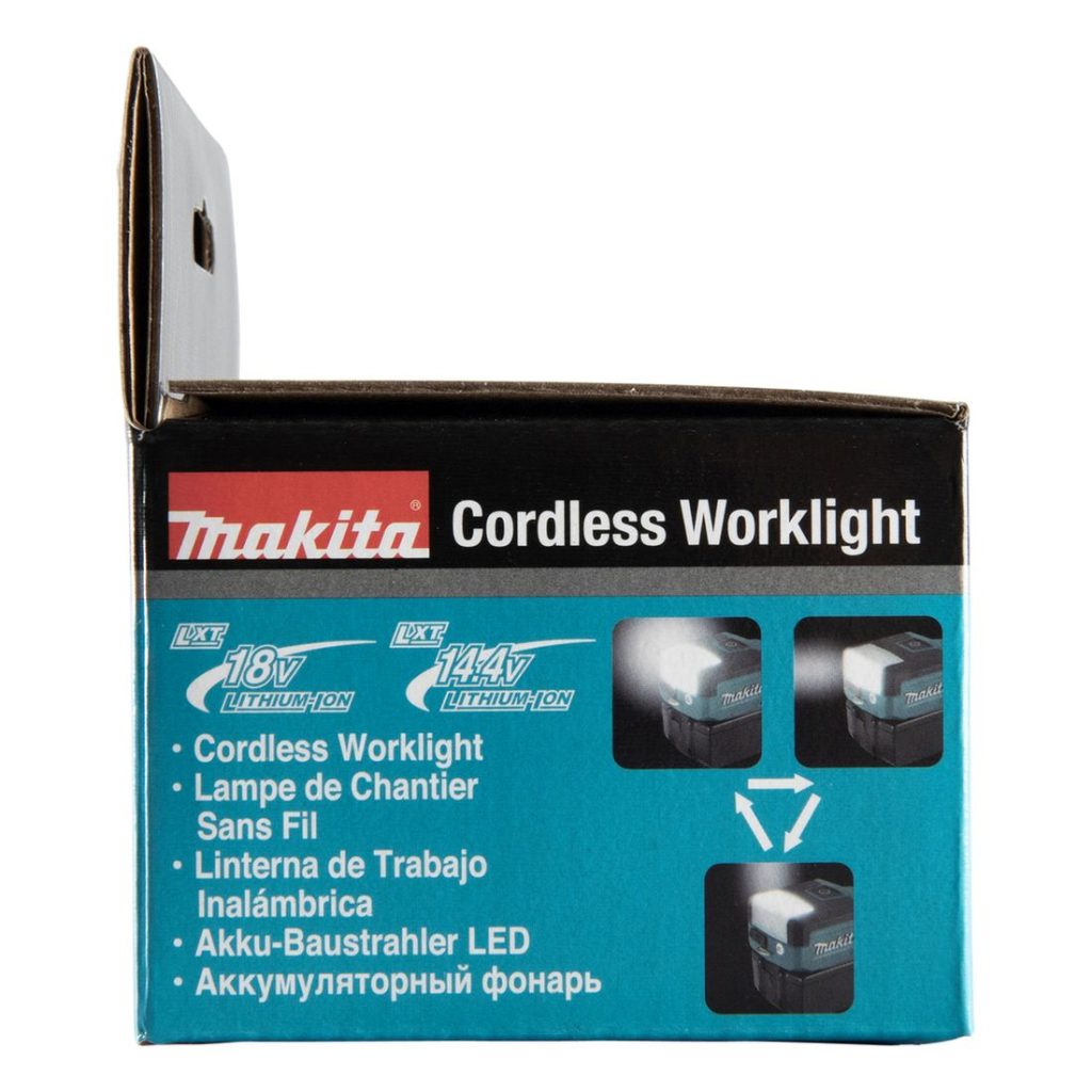 MAKITA LED-valaisin LXT. Kuvassa tuotteen myyntipakkaus sivustapäin.