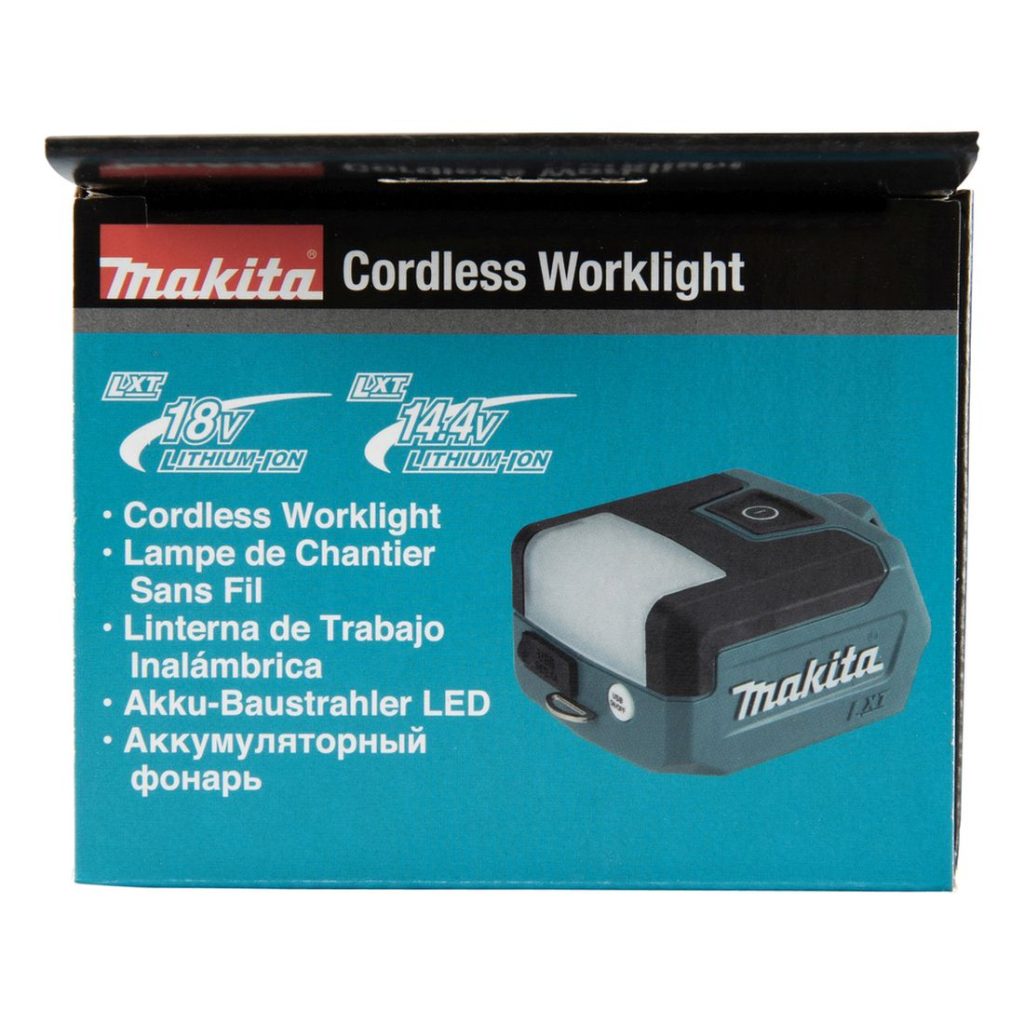 MAKITA LED-valaisin LXT. Kuvassa tuotteen myyntipakkaus ylhäältäpäin.