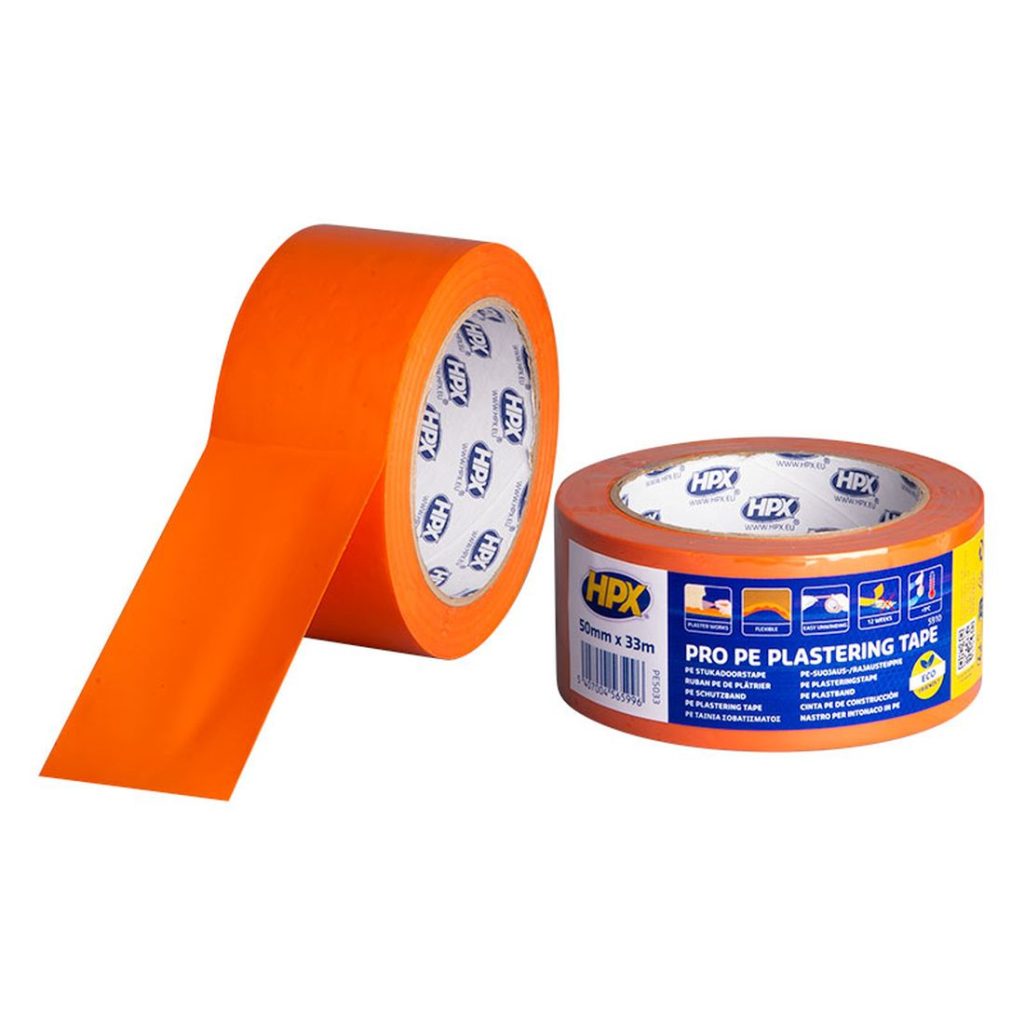 HPX Suojateippi PE oranssi 50mm x 25m PRO. Kuvassa kaksi rullaa.