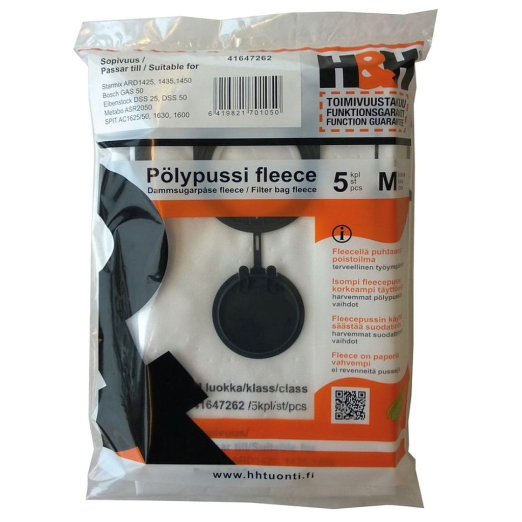 CLEN 1625, Pölypussi fleece. Kuvassa pölypussipaketti edestäpäin.