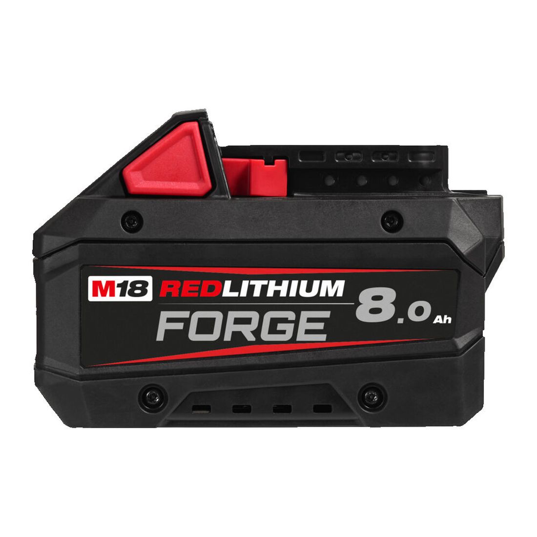 Milwaukee akku Forge 8,0Ah M18 FB8. Kuvassa Forge M18 FB8 8,0 Ah akku vasemmalta sivustapäin.